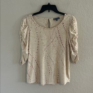 Democracy Beige Knit Top with Pink Dot Print - Size L